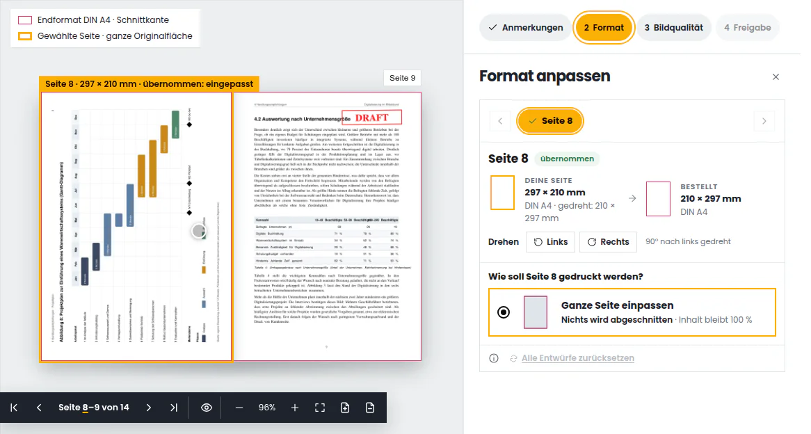 Druckdatencheck einer Bachelorarbeit im Schritt Format: Projektplan als Gantt-Diagramm im Querformat, um 90° nach links gedreht und eingepasst, rechts das Bedienfeld mit den Drehknöpfen