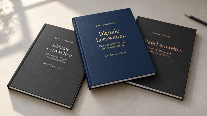 Drei klassische Bachelorarbeits-Cover mit dem Beispieltitel Digitale Lernwelten in Silber, Gold und Kupfer